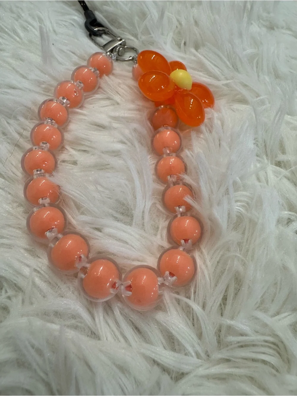 Orange Flower Beaded Phone Strap - Peach Bead Wrist Strap